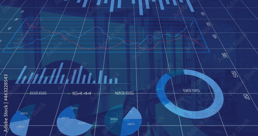 Financial data processing over grid network against empty office in background