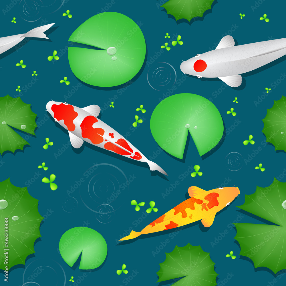 Cute pattern seamless background, Koi fish in the pond and water lily leaves. Vector illustration.