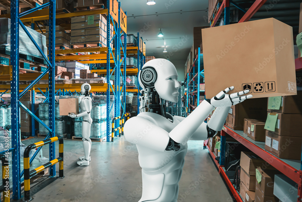 Innovative industry robot working in warehouse for human labor replacement . Concept of artificial i