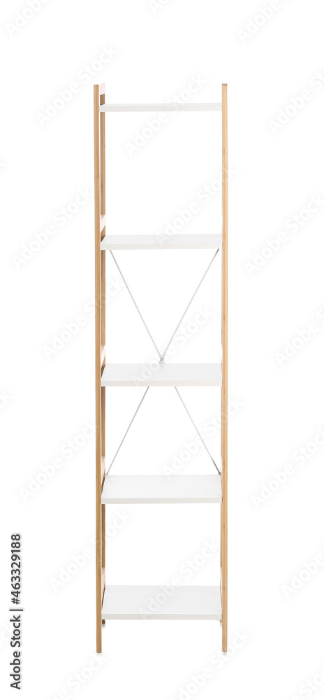 Empty wooden bookcase on white background