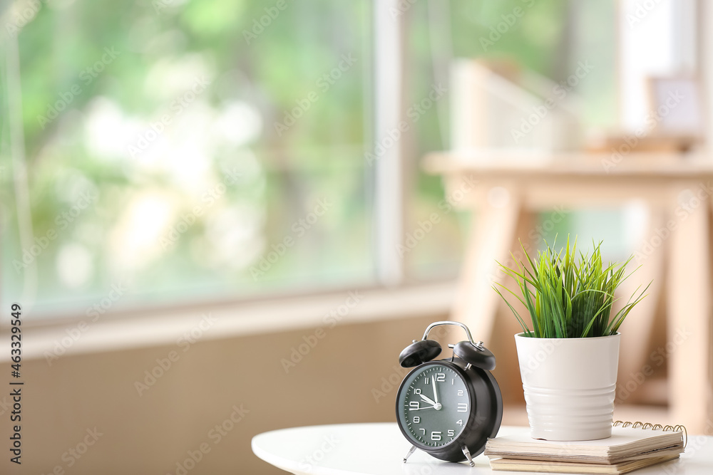 Houseplant with alarm clock on table near light window on background