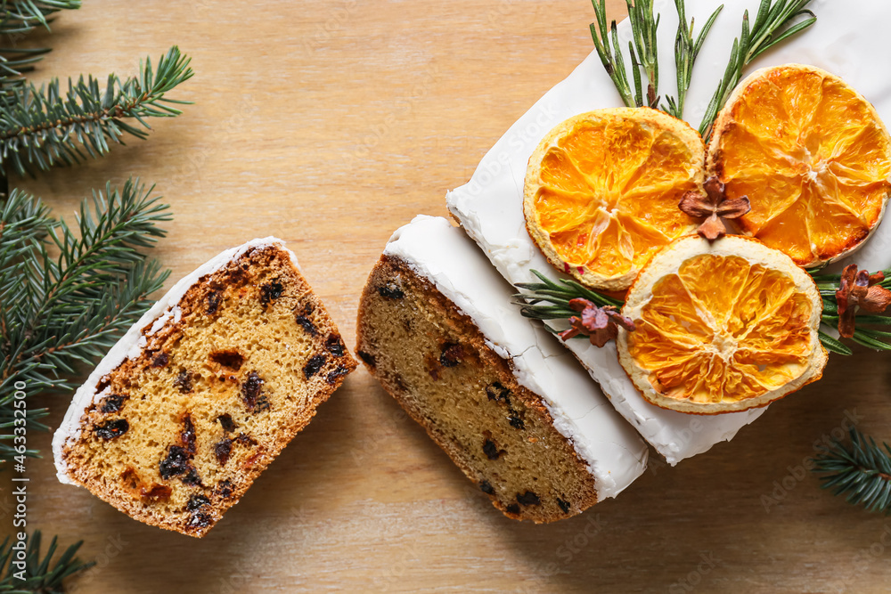 Tasty Christmas stollen on table