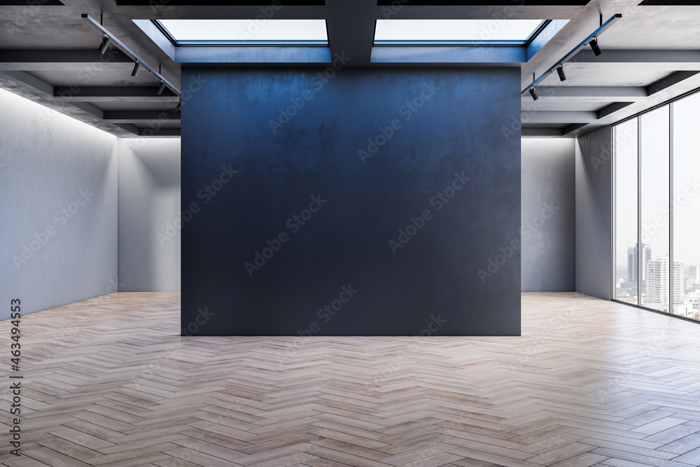 Modern exhibition hall interior with mock up place on dark wall and wooden flooring. 3D Rendering.