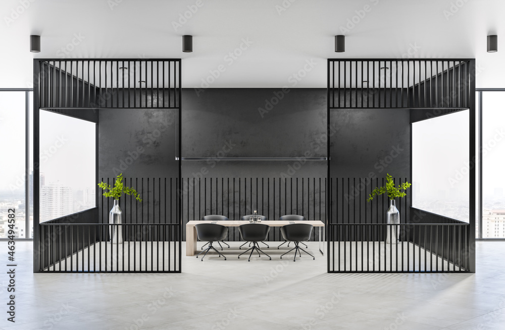 Modern black glass meeting room interior with windows, city view, furniture and equipment. Workplace