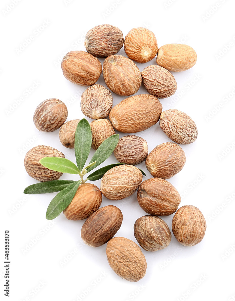 Heap of shea nuts on white background