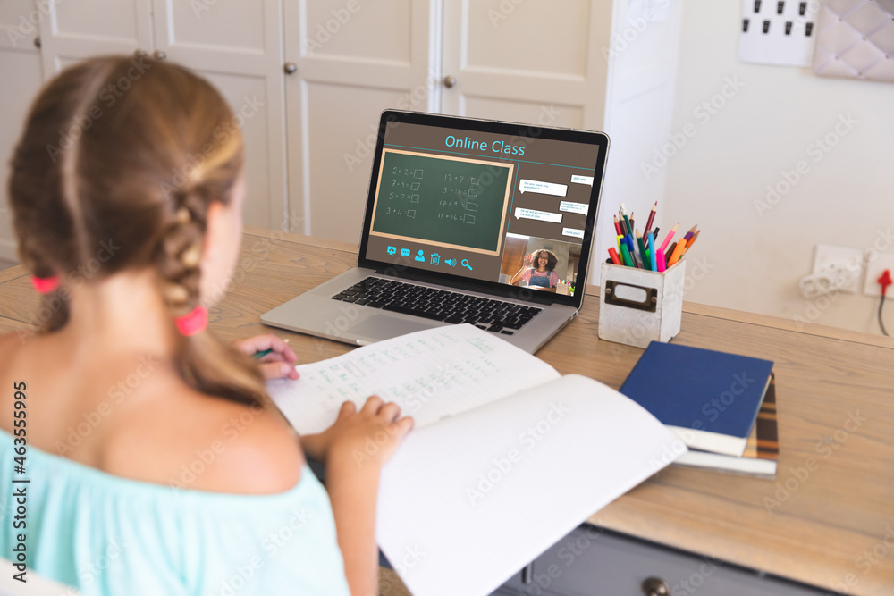 Caucasian girl using laptop for video call, with smiling female teacher on screen