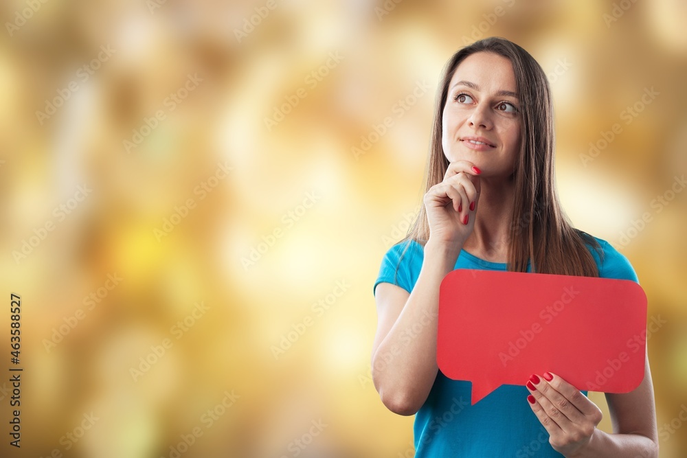 Photo of optimistic young lady hold like icon