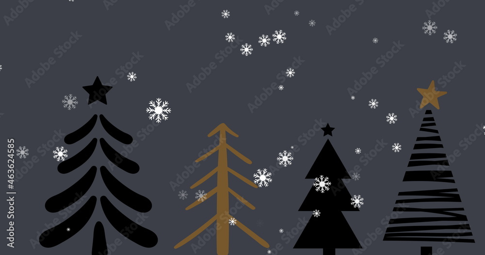 Snowflakes falling on Christmas trees against grey background