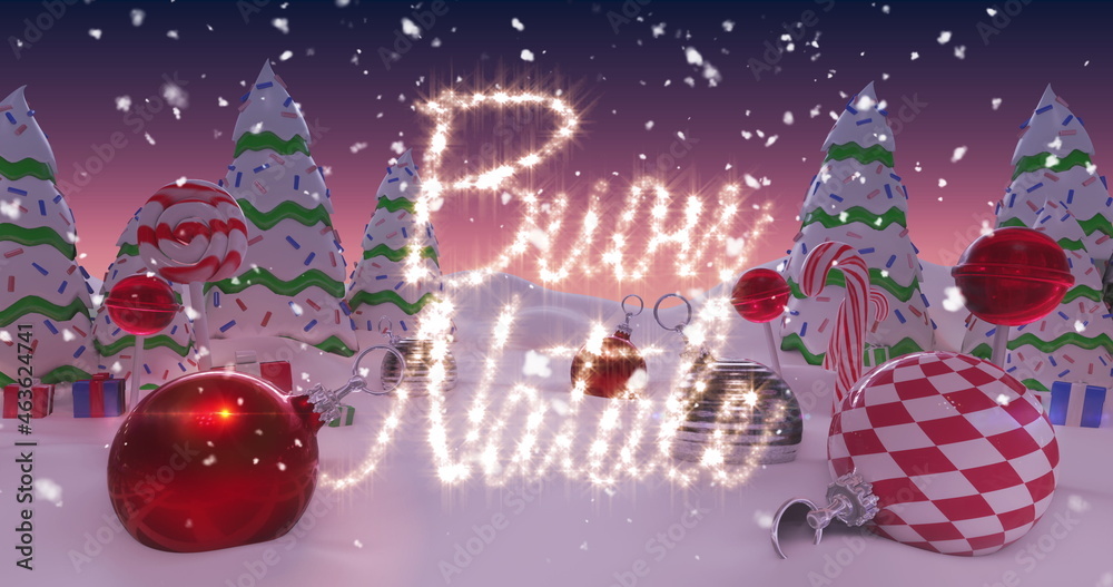 Image of Spanish Christmas Message written in shiny letter on snowy landscape with Christmas bal