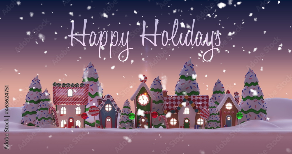 Image of Happy Holidays written in shiny letter on snowy city