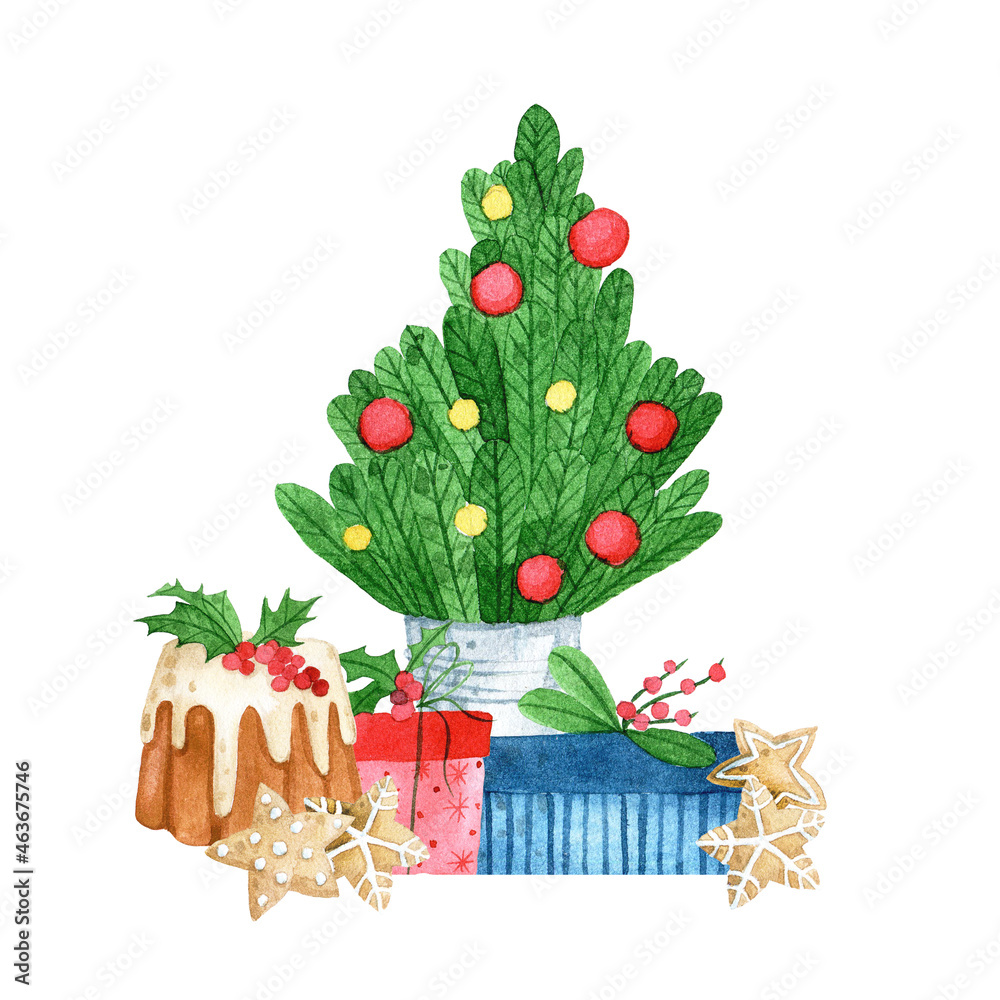 watercolor drawing in the style of cartoon. christmas composition tree christmas gifts. greeting car