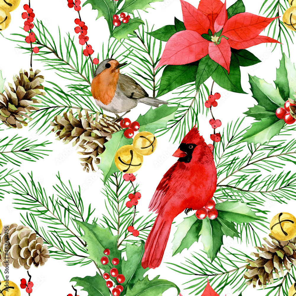 watercolor seamless pattern for christmas, new year. traditional print with winter birds, red berrie