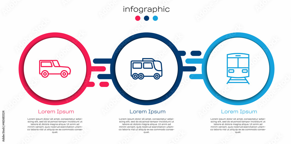 Set line Car, Bus and Train and railway. Business infographic template. Vector