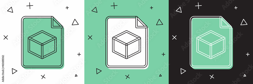 Set Isometric cube file icon isolated on white and green, black background. Geometric cubes solid ic