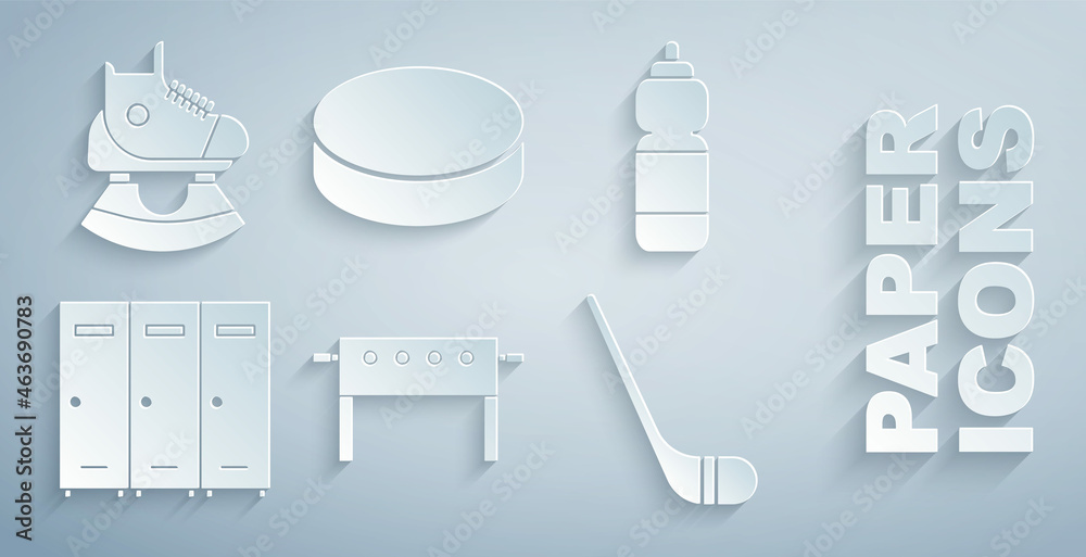 Set Hockey table, Fitness shaker, Locker or changing room, Ice hockey stick, puck and Skates icon. V