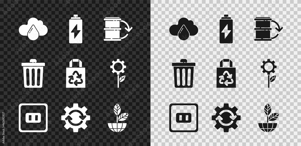 Set Cloud with rain, Battery, Eco fuel barrel, Electrical outlet, Gear and arrows as workflow, Earth