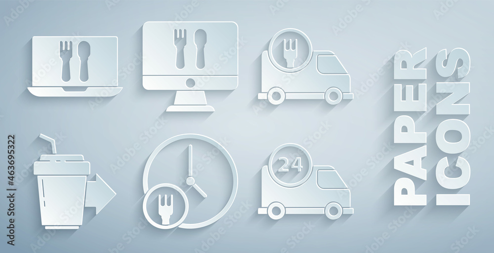 Set Round the clock delivery, Fast by car, Coffee cup to go, Online ordering and and icon. Vector