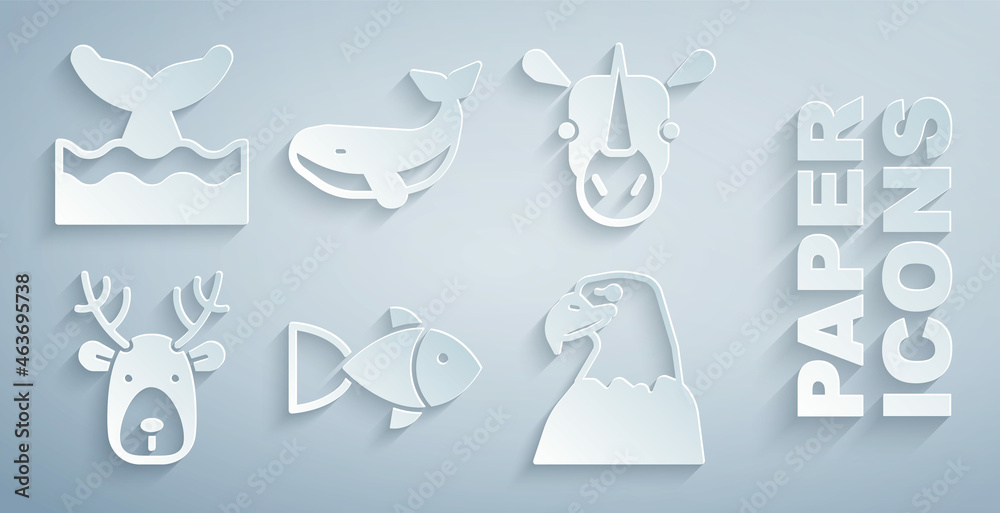 Set Fish, Rhinoceros, Deer head with antlers, Eagle, Whale and tail ocean wave icon. Vector