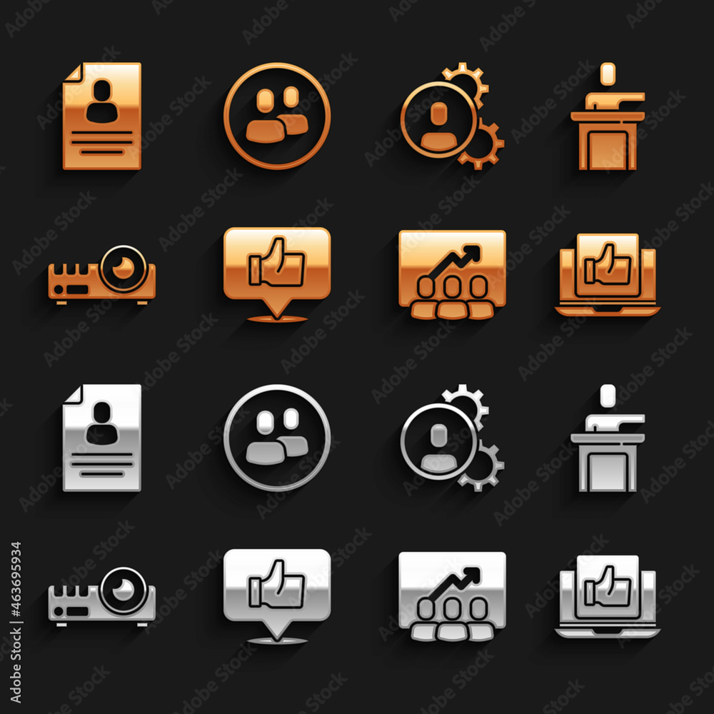 Set Hand like, Speaker, Project team base, Media projector, Head hunting, Resume and icon. Vector