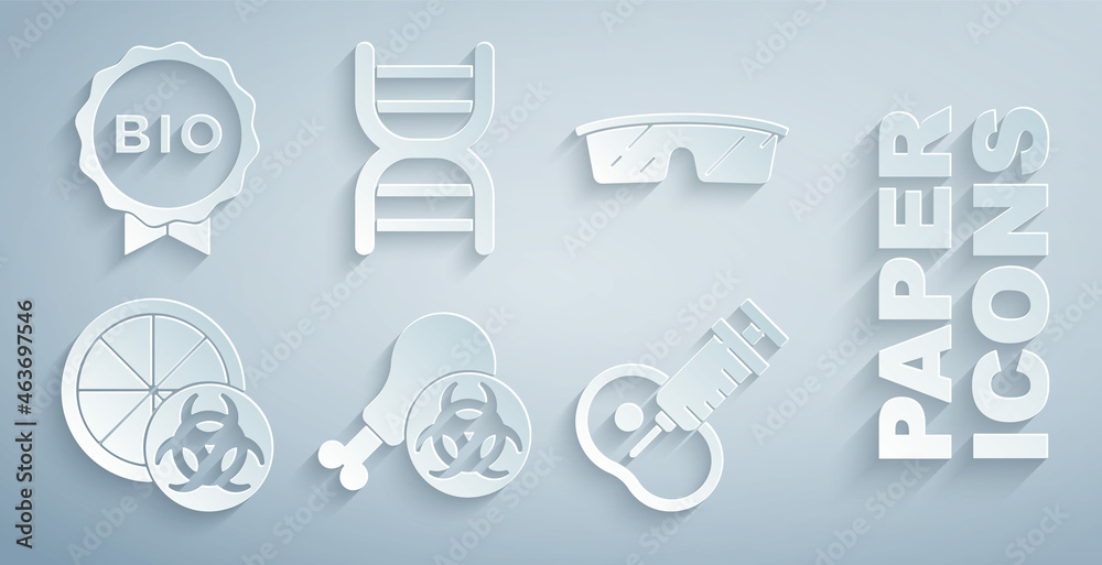 Set Gmo research chicken，Laboratory glass，Genetically modified orange，meat，DNA symbol and Labe（设置Gmo