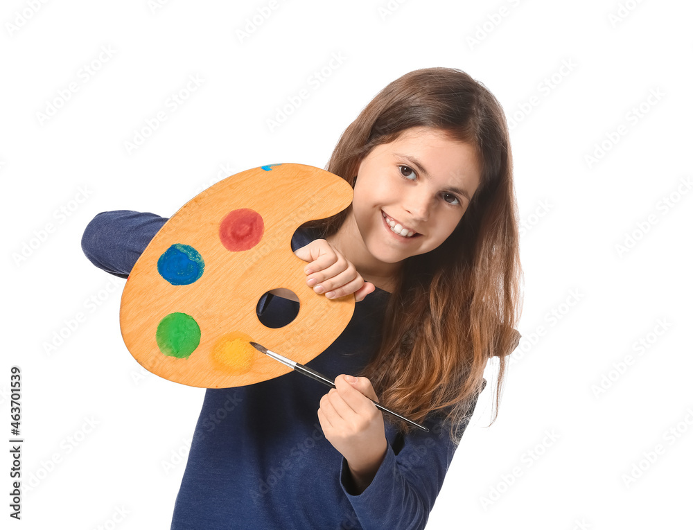 Cute little painter with palette on white background