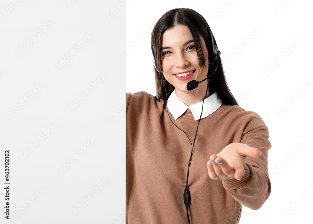 Beautiful consultant of call center with blank paper sheet on white background