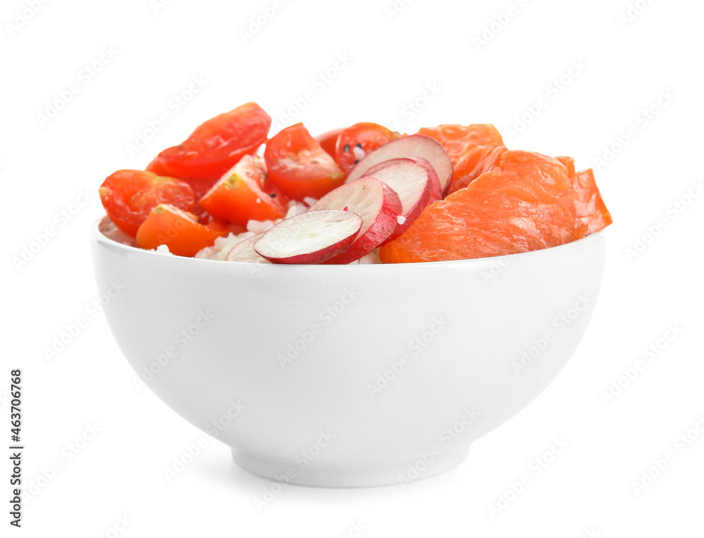 Tasty poke bowl with salmon and vegetables on white background