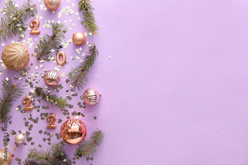 Composition with fir branches, Christmas decorations and confetti on lilac background, closeup