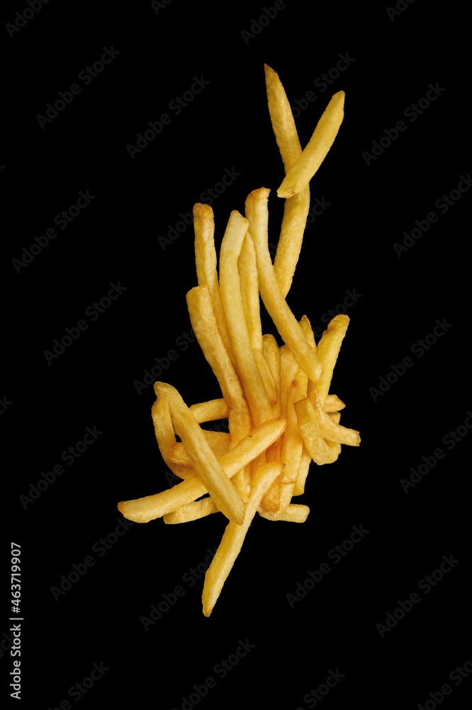 French fries, fried potatoes flying. Fly fastfood