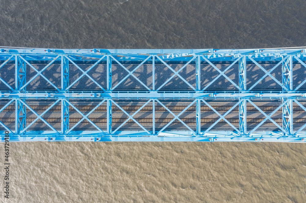 aerial view of truss railway bridge on yangtze river