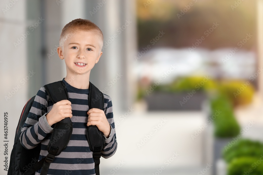 Cute little boy go wear bag and uniform on the background