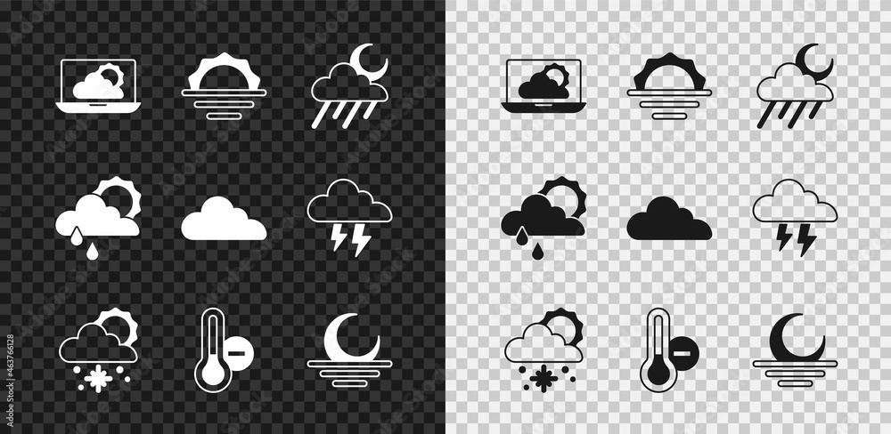 Set Weather forecast, Sunrise, Cloud with rain and moon, snow sun, Meteorology thermometer, Sunset, 