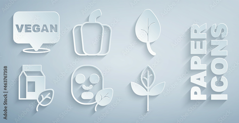 Set Facial cosmetic mask, Leaf or leaves, Vegan milk, Bell pepper and food diet icon. Vector