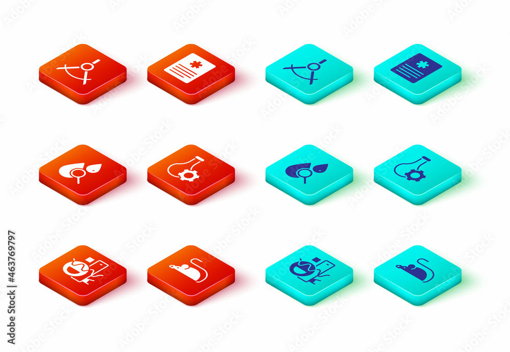 Set Basic geometric shapes, Experimental mouse, Drop and magnifying glass, Test tube, Patient record