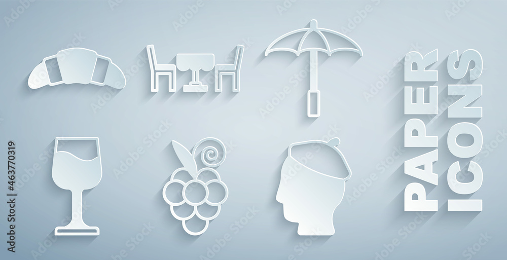 Set Grape fruit, Umbrella for beach, Wine glass, French man, cafe and Croissant icon. Vector