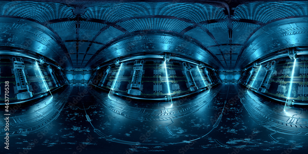 HDRI panoramic view of dark blue spaceship interior. High resolution 360 degrees panorama reflection