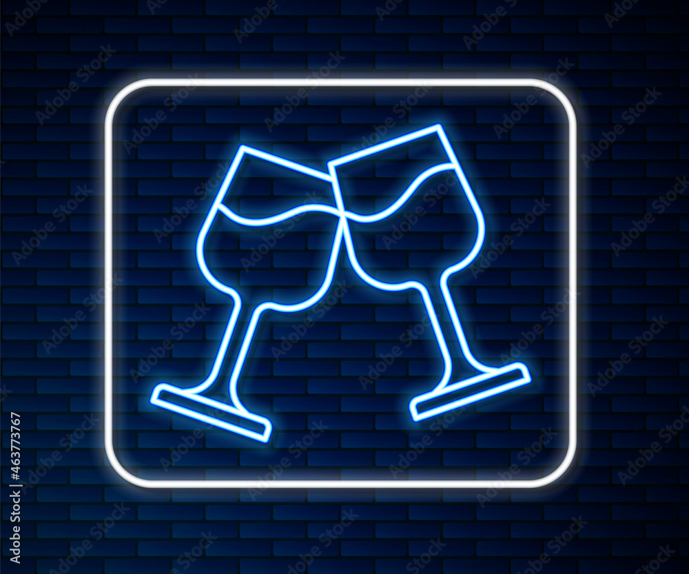 Glowing neon line Wine glass icon isolated on brick wall background. Wineglass sign. Vector