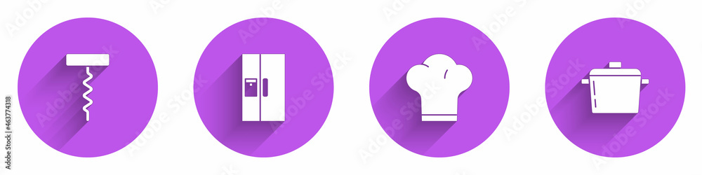 Set Wine corkscrew, Refrigerator, Chef hat and Cooking pot icon with long shadow. Vector