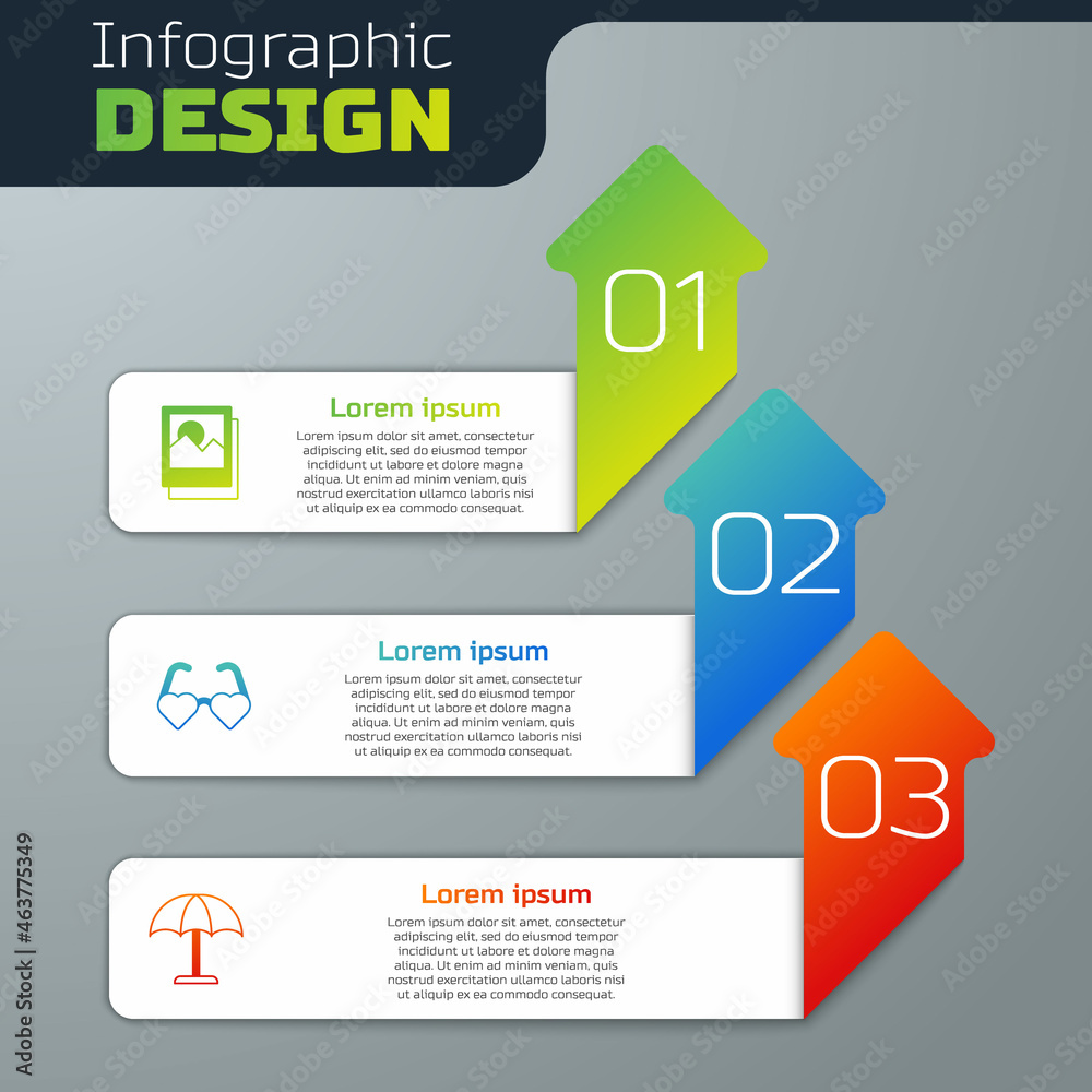 Set Photo, Heart shaped love glasses and Sun protective umbrella. Business infographic template. Vec