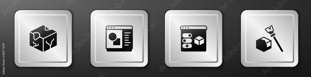 Set Isometric cube, 3D printer software, and icon. Silver square button. Vector