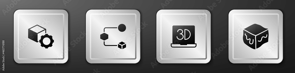 设置等轴测立方体、3D打印机和图标。银色方形按钮。矢量