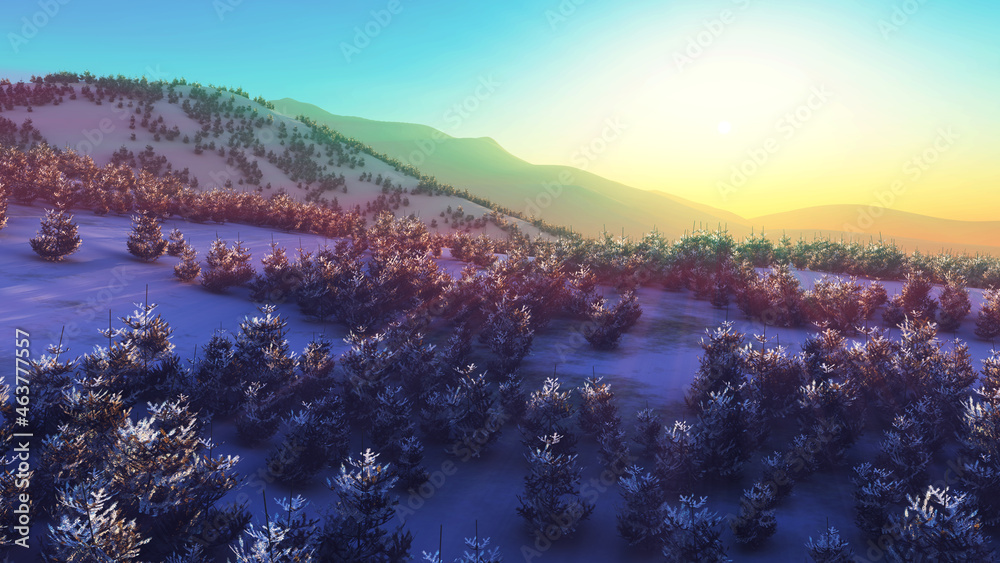 above winter forest mountain sunset