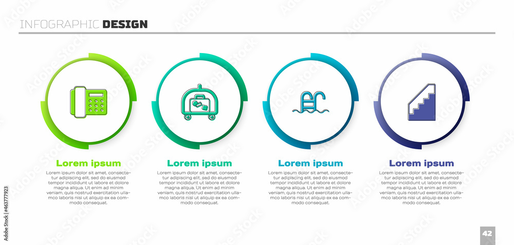 Set Telephone handset, Hotel luggage cart, Swimming pool and Stairs. Business infographic template. 