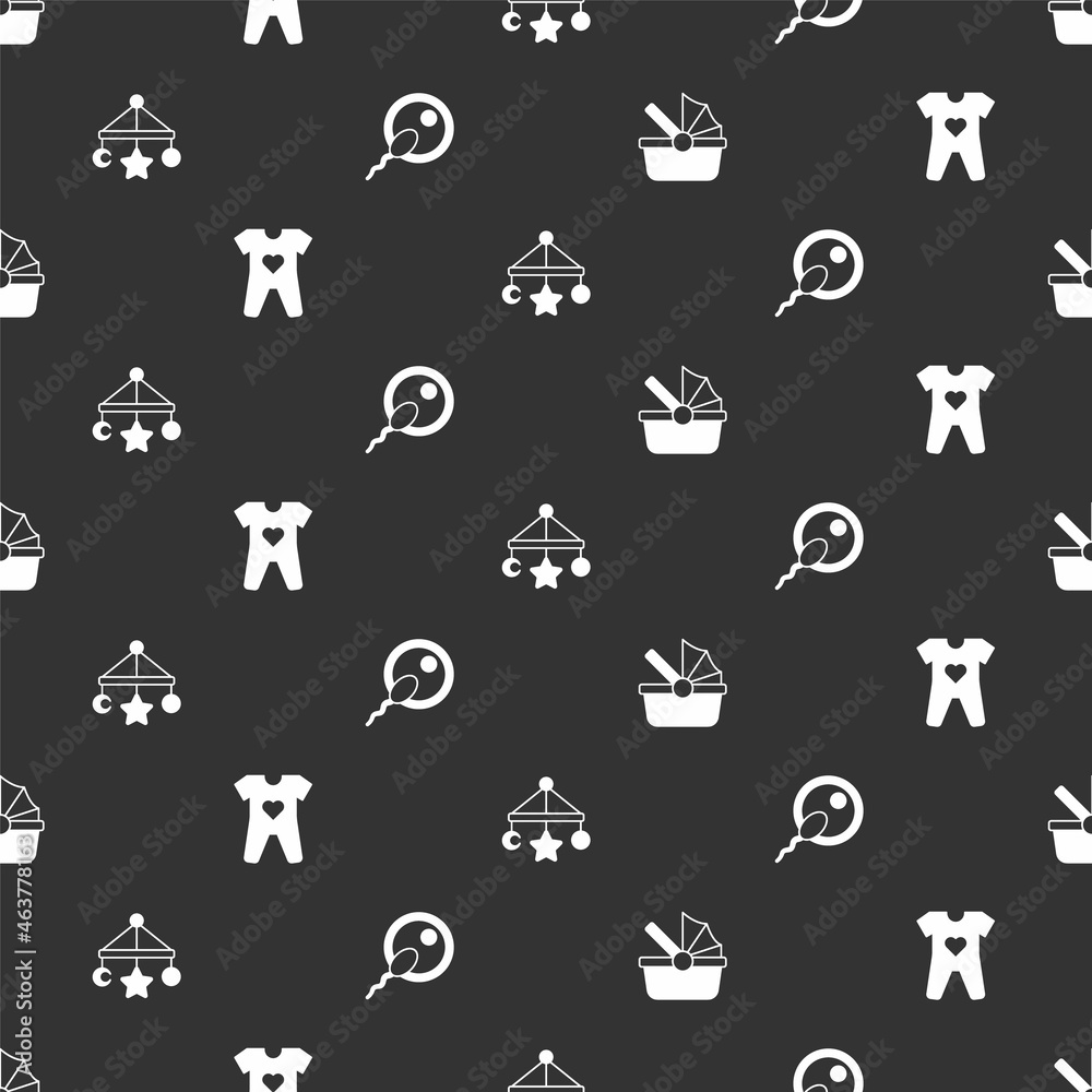 Set Baby stroller, clothes, crib hanging toys and Sperm on seamless pattern. Vector