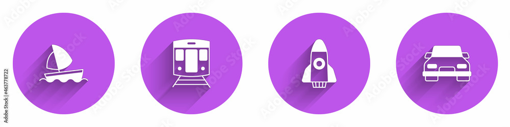 用长阴影设置游艇帆船、火车和铁路、火箭船和汽车图标。矢量