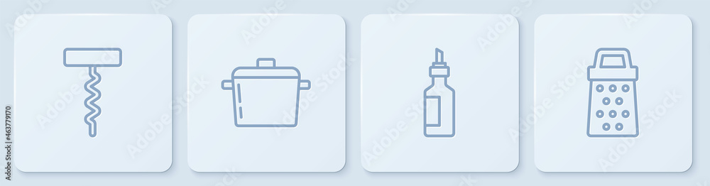 设置线葡萄酒开瓶器，橄榄油瓶，烹饪锅和磨碎机。白色方形按钮。矢量