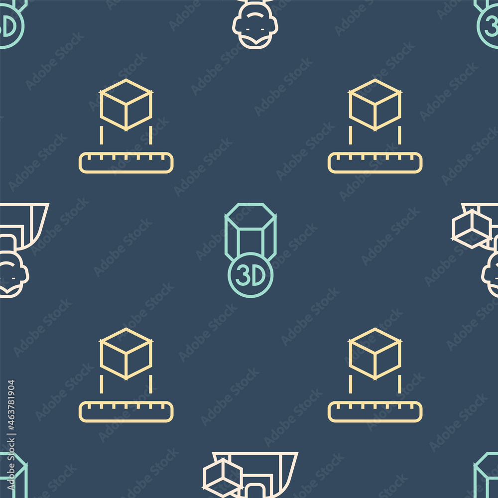 在无缝图案上设置线条图形设计器、等距立方体和3D打印机。矢量