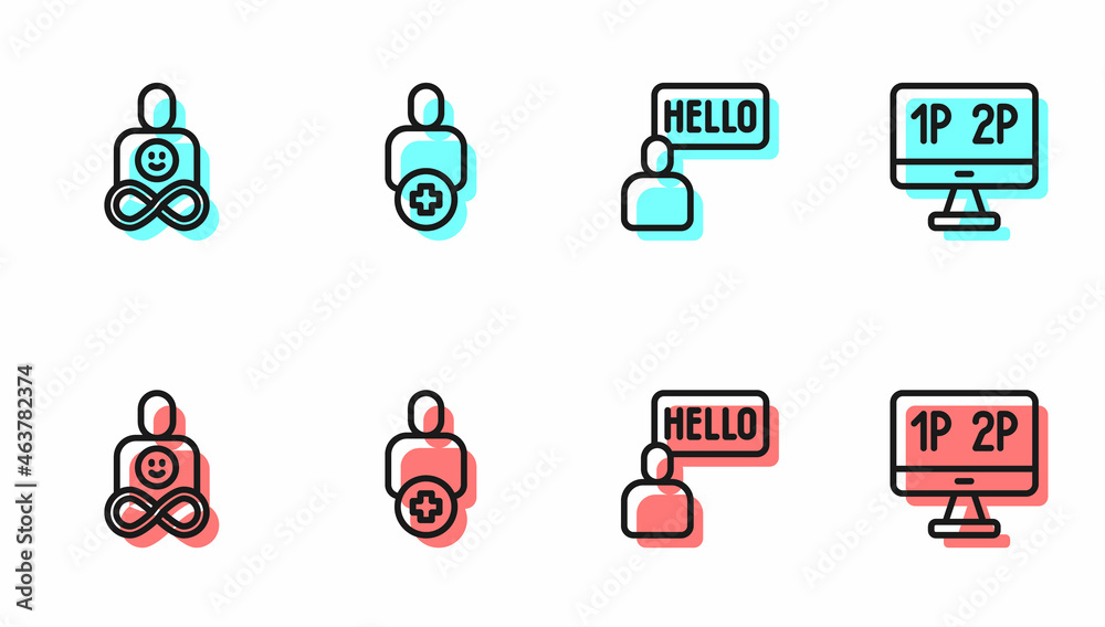 Set line Acquaintance, Friends forever, Add to friend and Computer monitor screen icon. Vector