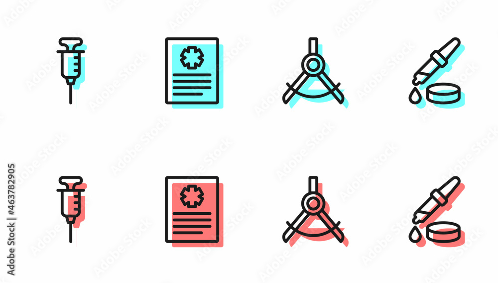 设置划线指南针、注射器、患者记录和移液管图标。矢量