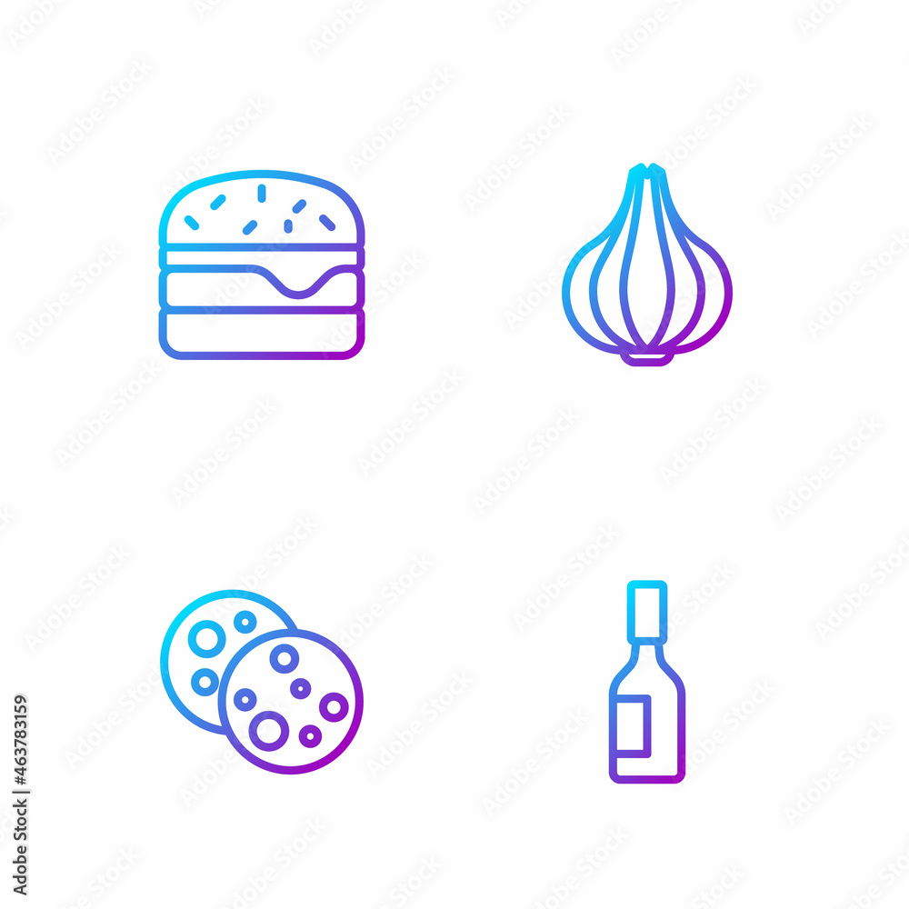 Set line Tabasco sauce, Cookie with chocolate, Burger and Garlic. Gradient color icons. Vector